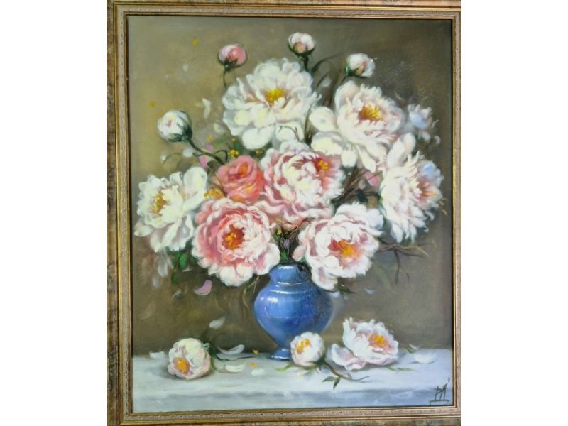 Peonies in a blue vase